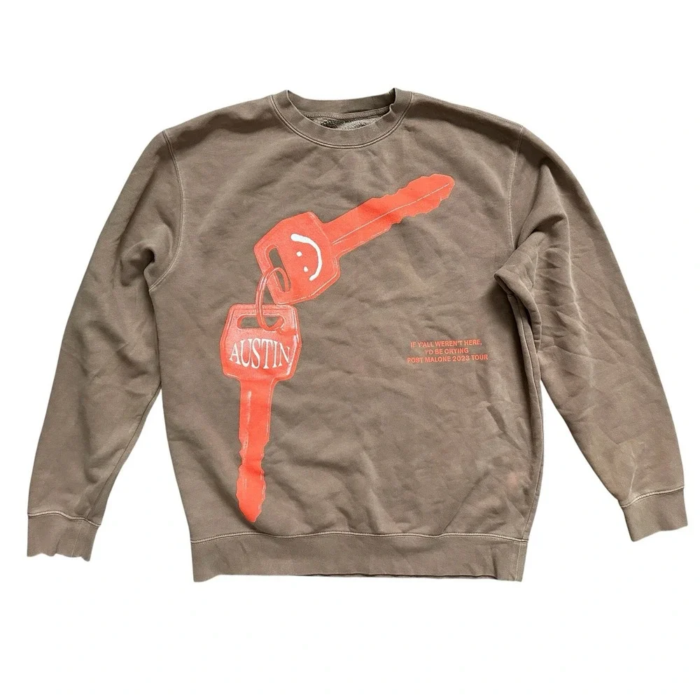Post Malone Brown 2023 Tour Austin Keys Graphic Crewneck Sweatshirt Size L READ